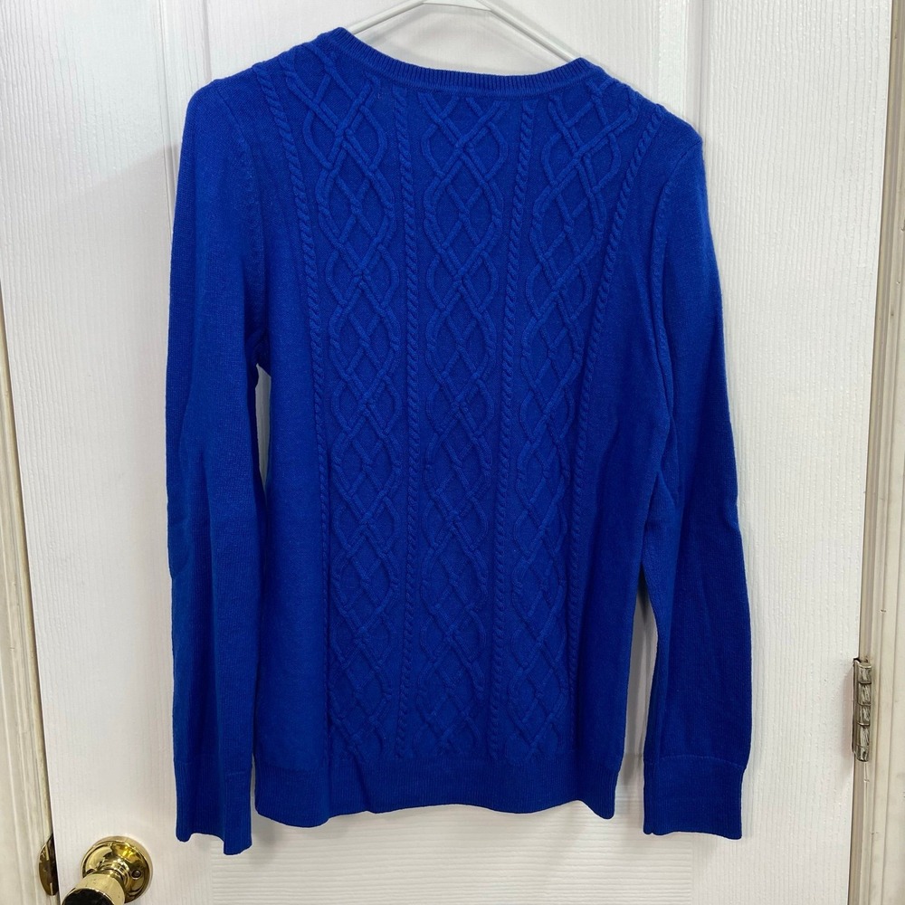 Talbots electric‎ blue cable knit button lambswool soft knit crewneck sweater M - Picture 7 of 8
